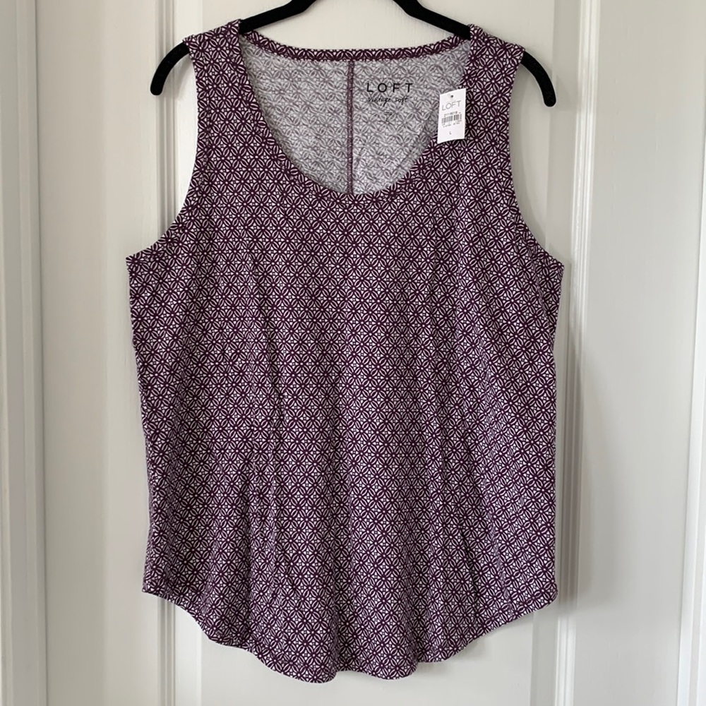 NWT LOFT Purple/White Floral Print 100% Cotton Sleeveless Top Size L